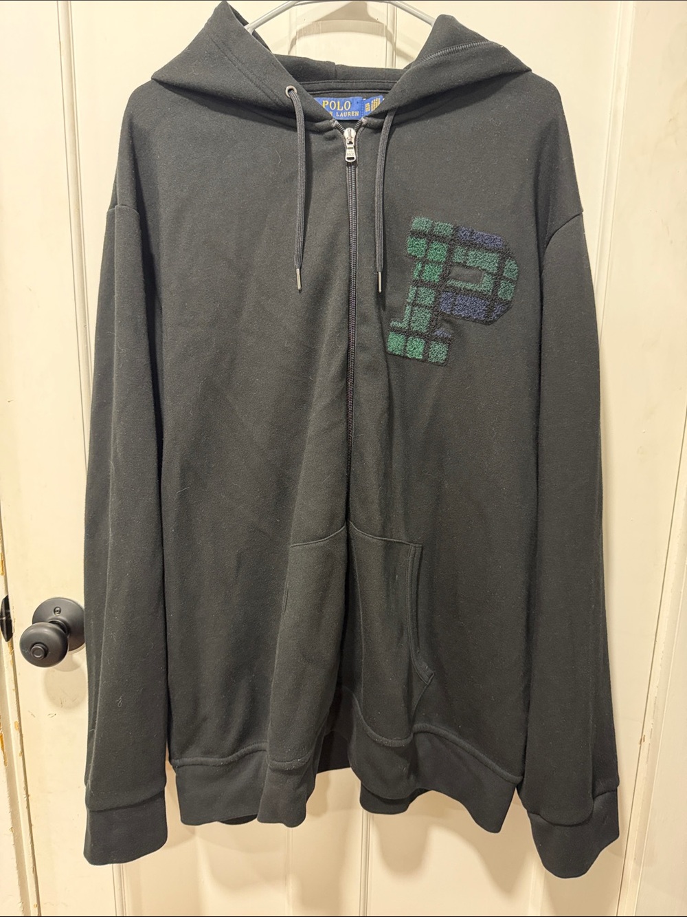 Polo by Ralph Lauren Black Zip Hoodie with Green Plaid 'P' Patch